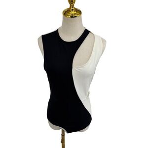 Bebe Bodysuit Womens M Black White Colorblock Cutout Modern Contrast Night Out